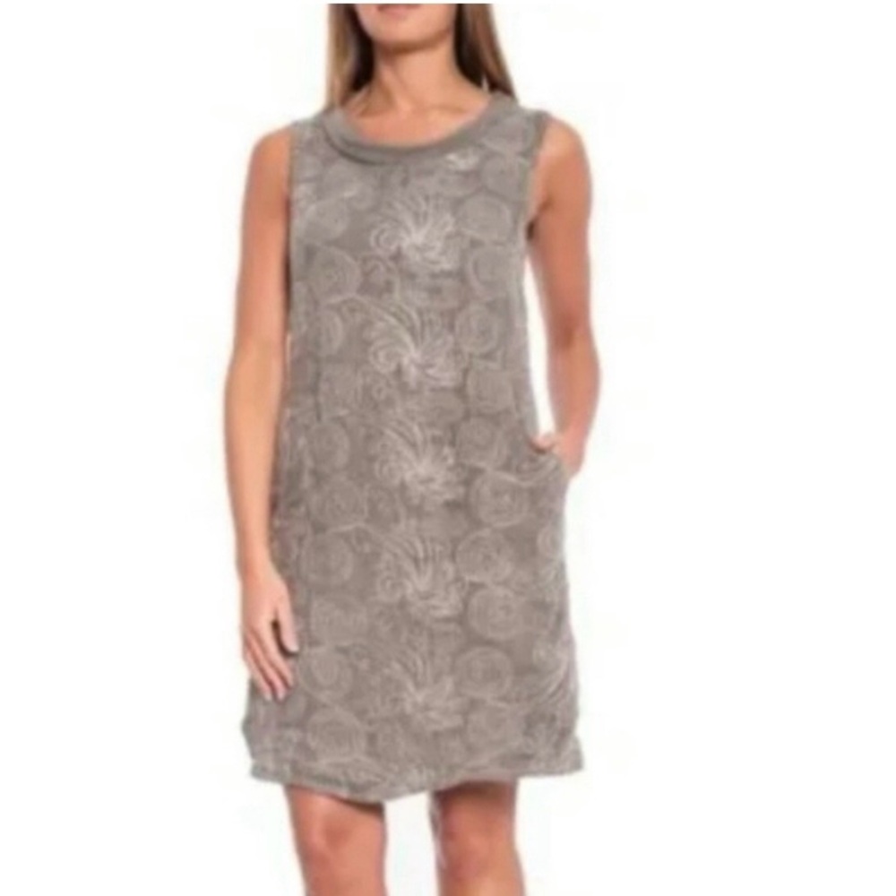 Lina Tomei Made In Italy Linen Dress Embroidered Pockets Gray Blue Size Medium
